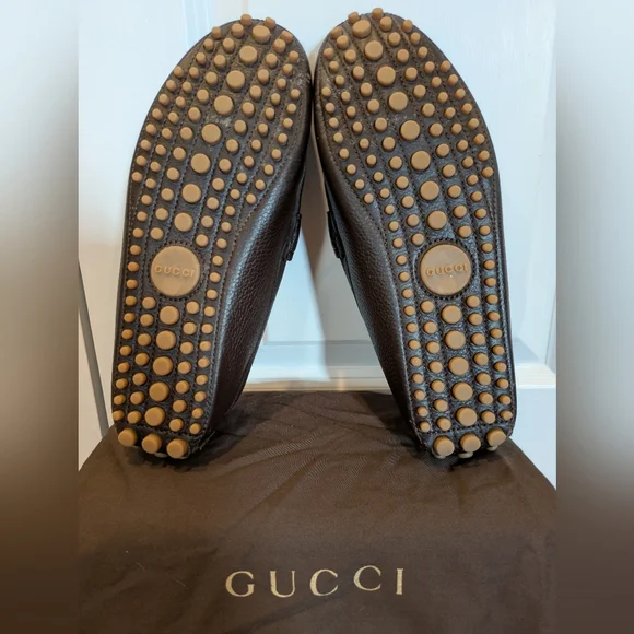 GUCCI 322741 Brown Leather Driver Horsebit Web Men display picture 1